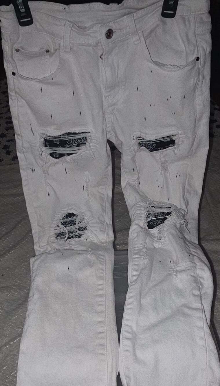 KDNK Brand White Paisley Patched Distressed Paint Splatter Moto Jeans